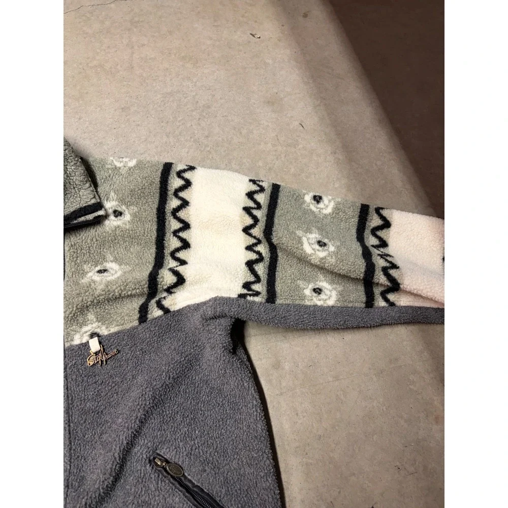 Stylfrance Mens Vintage Geometric Floral Fleece Full Zip Jacket Grey XL